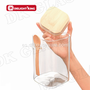 Tarro de almacenamiento de especias de vidrio ecológico con cuchara de bambú